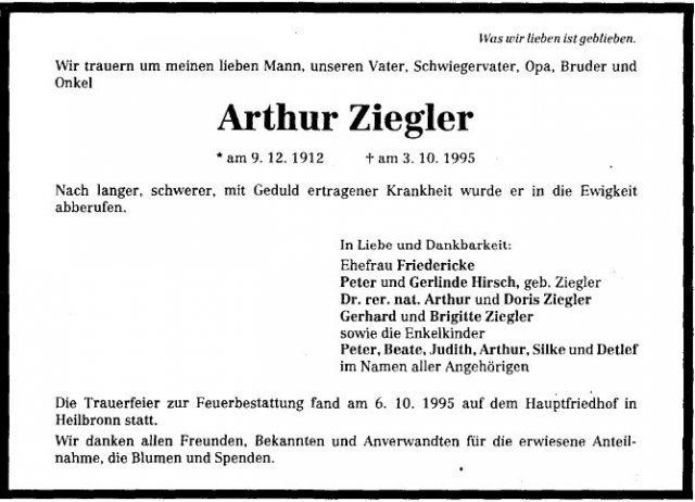 Ziegler Arthur 1912-1995 Todesanzeige